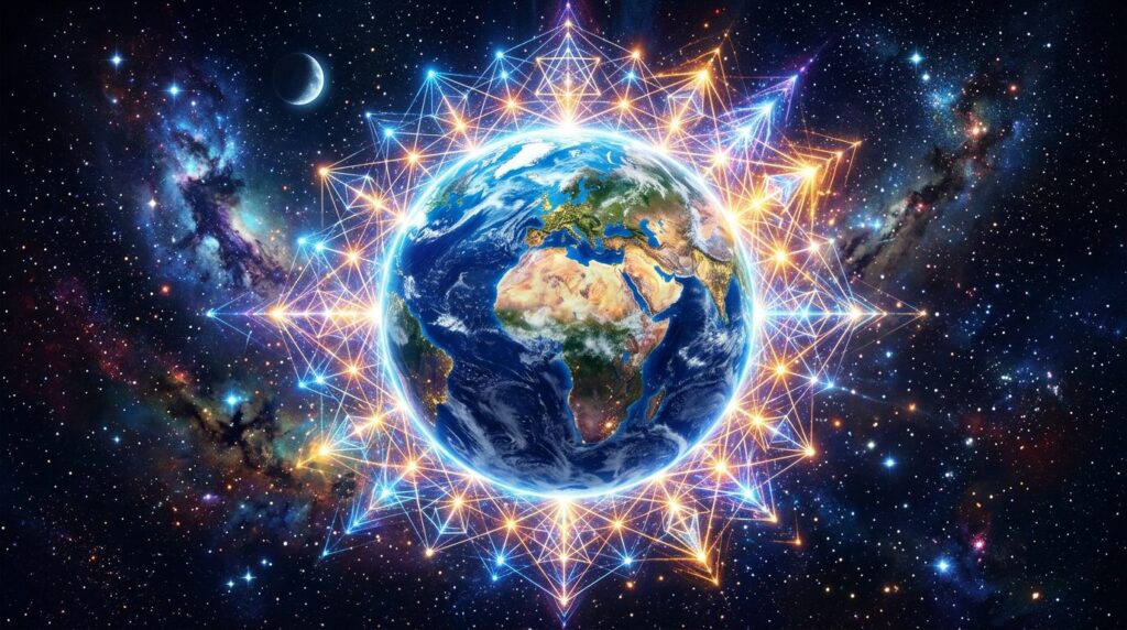 Earth in space encircled by glowing interlinked geometric lines forming a star pattern